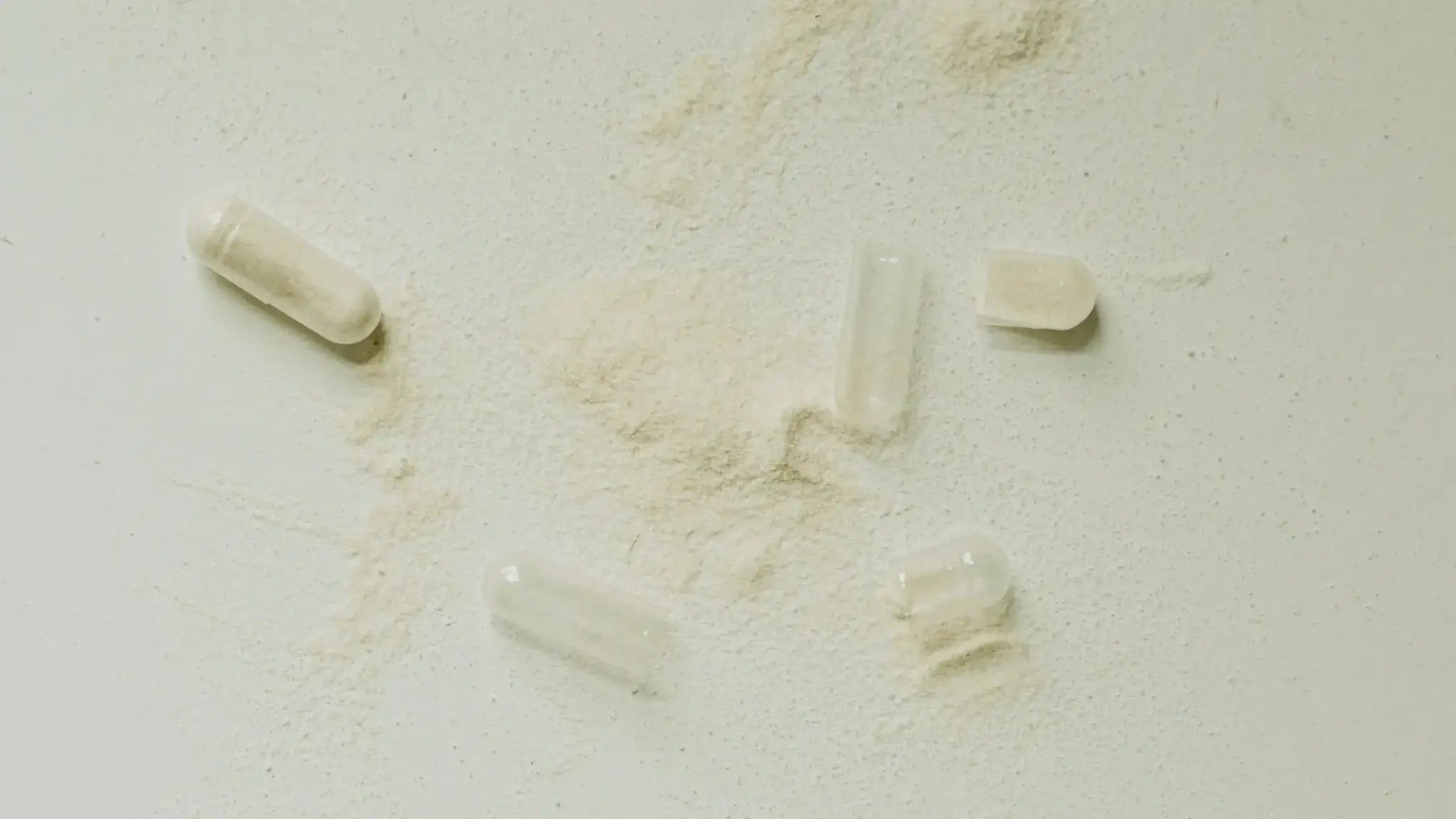 Transparent capsules broken open and spilling fine white powder across a white surface, illustrating NAD (nicotinamide adenine dinucleotide) supplementation.