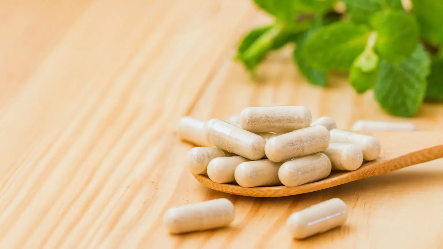 Wooden spoon heaped with beige supplement capsules resting on a light wood surface, with green leaves blurred in the background, illustrating NMN and resveratrol’s health and longevity benefits.
