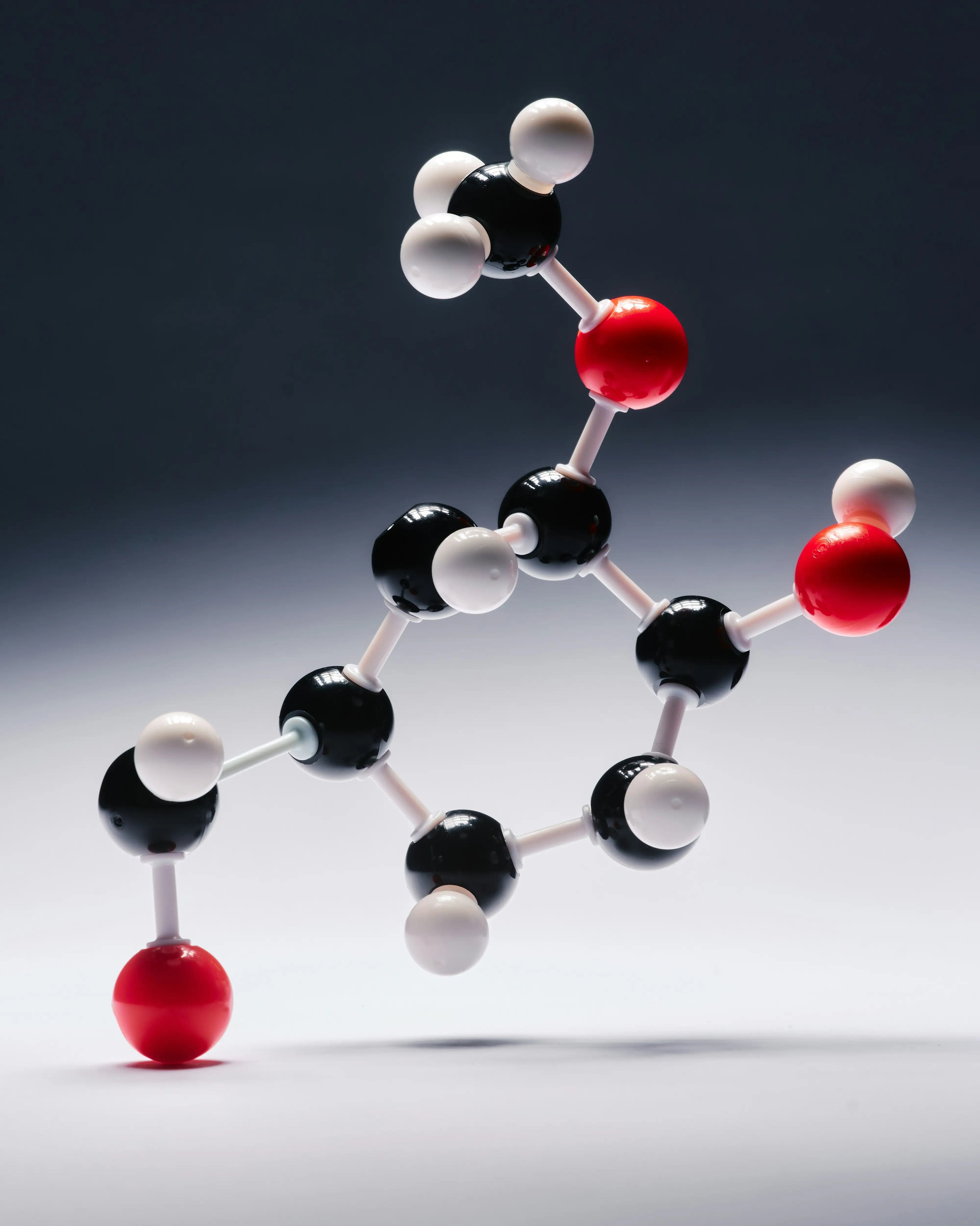 Ball-and-stick molecular model of nicotinamide mononucleotide (NMN) with black carbon spheres, red oxygen spheres, and white hydrogen spheres arranged in a three-dimensional structure, illustrating NMN’s role as a revolutionary longevity supplement.